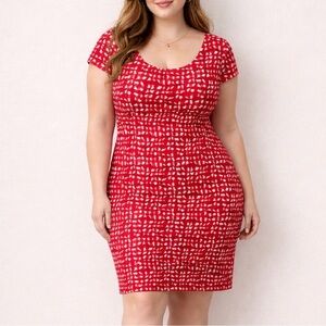 Boden Red White Print Fitted Cotton Midi Dress NWT Cap Sleeve Size 16